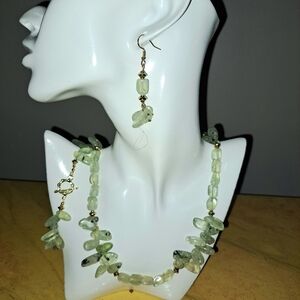 Natural Phrenite Gemstone Beaded Necklace, Bracet and Earring Set in Gold